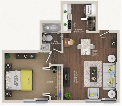 Floor plan for 1 bed, 1 bath, 550 sqft